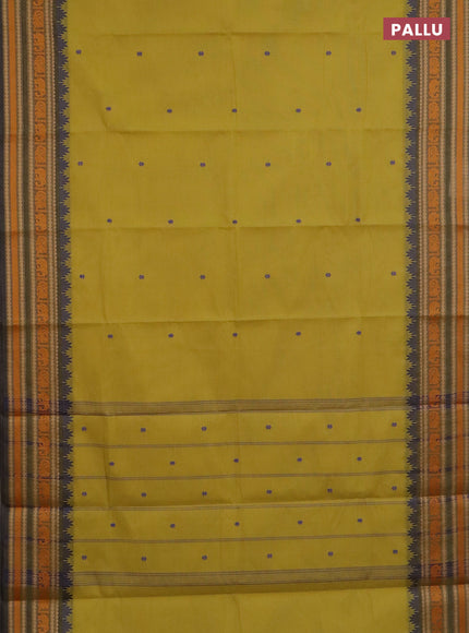 Chettinad cotton saree lime yellow shade and green with thread woven buttas and temple design thread woven border