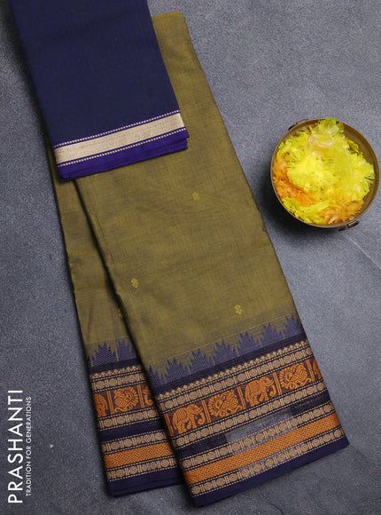 Chettinad cotton saree mehendi green shade and navy blue with thread woven buttas and temple design thread woven border
