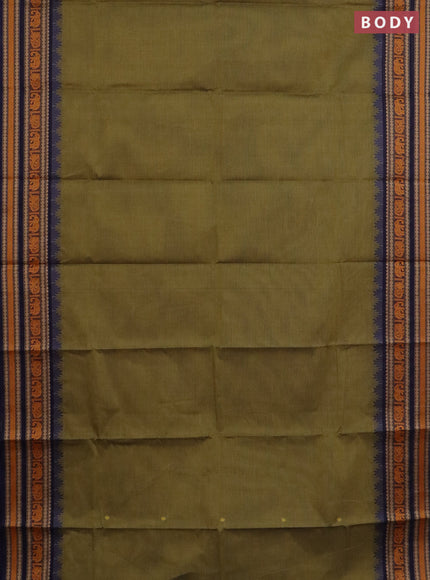Chettinad cotton saree mehendi green shade and navy blue with thread woven buttas and temple design thread woven border