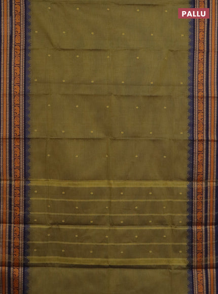 Chettinad cotton saree mehendi green shade and navy blue with thread woven buttas and temple design thread woven border