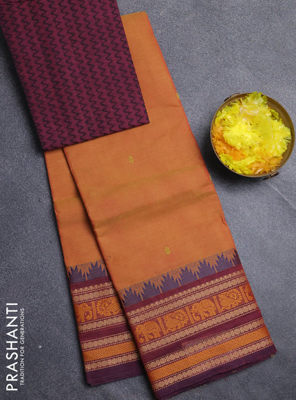 Chettinad cotton saree sunset orange and wine shade with thread woven buttas and thread woven border