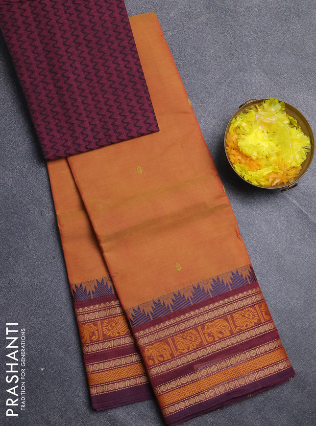 Chettinad cotton saree sunset orange and wine shade with thread woven buttas and thread woven border