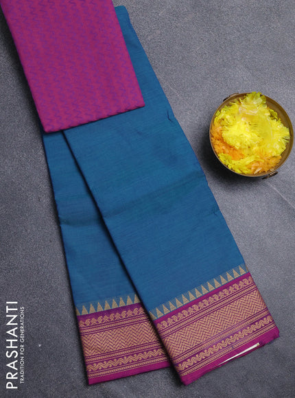 Chettinad cotton saree peacock green and magenta pink with plain body and thread woven border