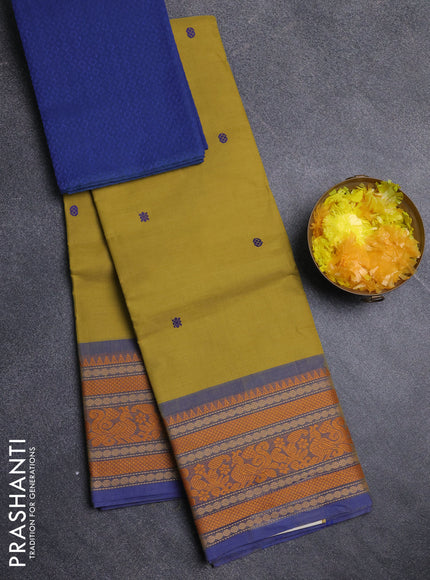 Chettinad cotton saree lime yellow shade and blue with thread woven buttas and long thread woven border