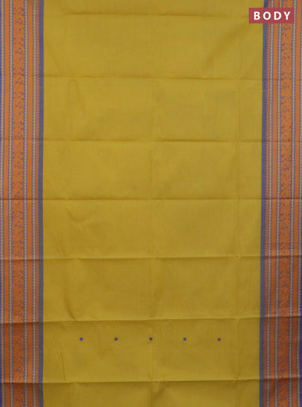 Chettinad cotton saree lime yellow shade and blue with thread woven buttas and long thread woven border