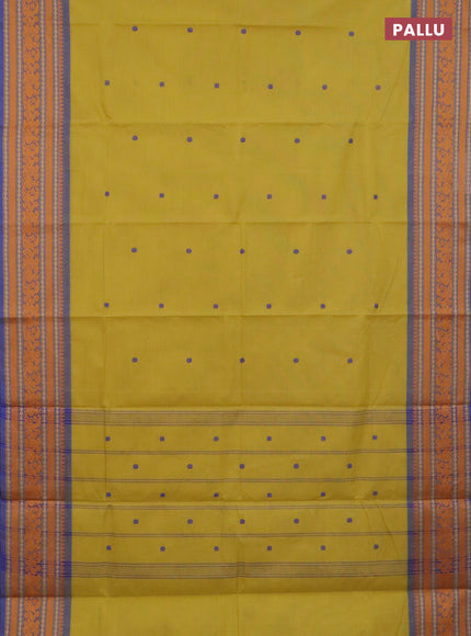 Chettinad cotton saree lime yellow shade and blue with thread woven buttas and long thread woven border