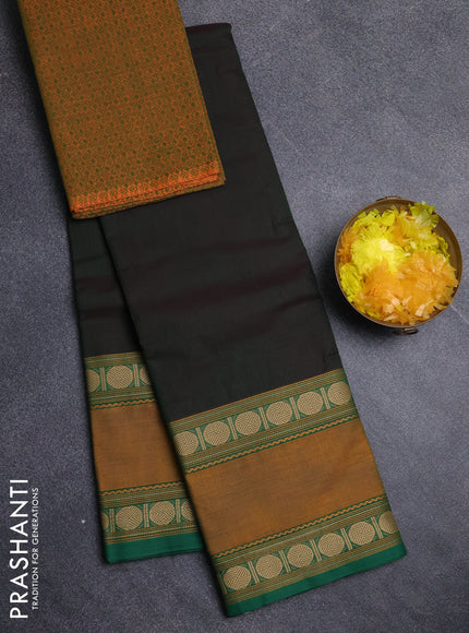 Chettinad cotton saree manthulir green and mustard yellow with plain body and rettapet thread woven border