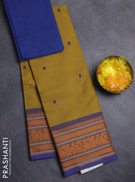 Chettinad cotton saree yellow and blue with thread woven buttas and long thread woven border