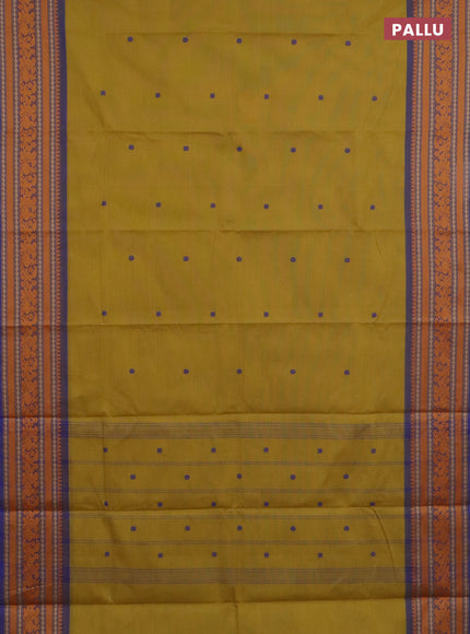Chettinad cotton saree yellow and blue with thread woven buttas and long thread woven border