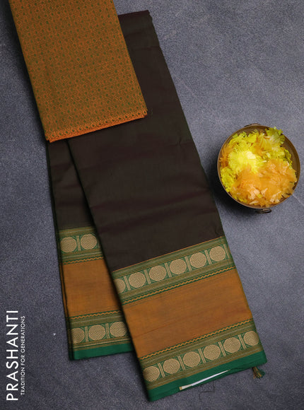 Chettinad cotton saree manthulir green and mustard yellow with plain body and rettapet thread woven border