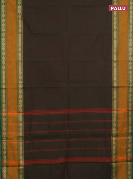 Chettinad cotton saree manthulir green and mustard yellow with plain body and rettapet thread woven border