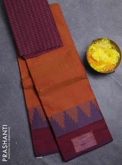 Chettinad cotton saree dark mustard and maroon with thread woven buttas and temple design simple border