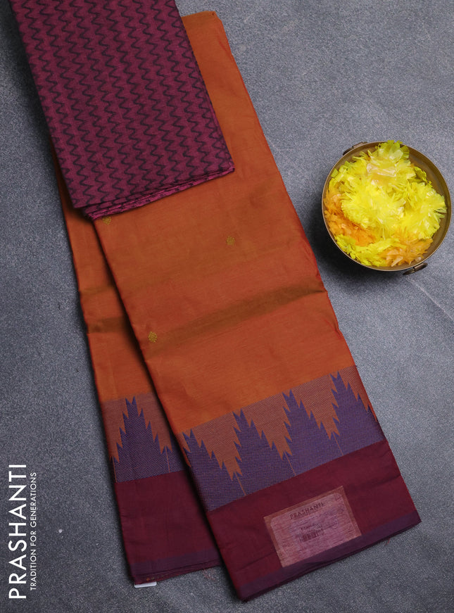 Chettinad cotton saree dark mustard and maroon with thread woven buttas and temple design simple border