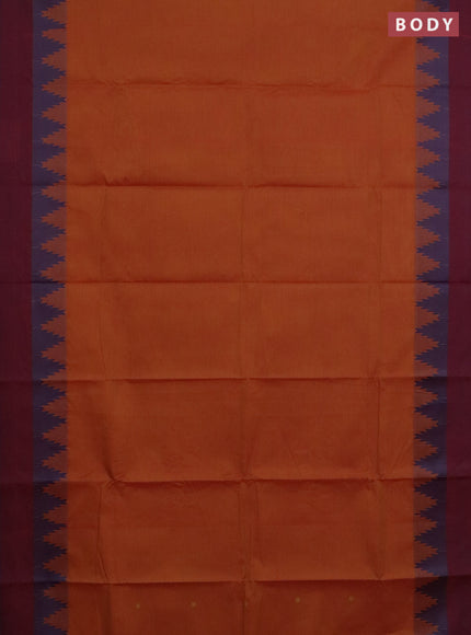 Chettinad cotton saree dark mustard and maroon with thread woven buttas and temple design simple border