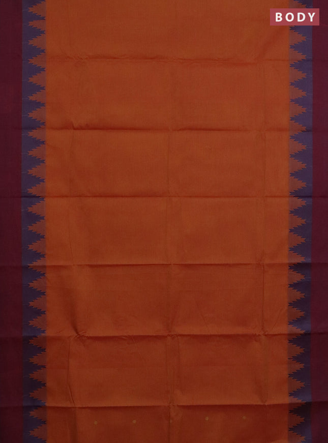 Chettinad cotton saree dark mustard and maroon with thread woven buttas and temple design simple border