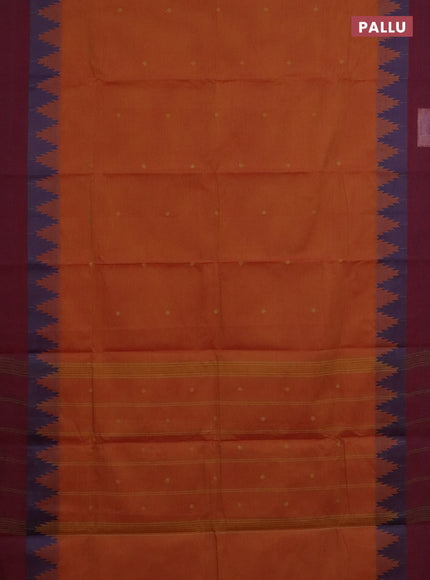 Chettinad cotton saree dark mustard and maroon with thread woven buttas and temple design simple border