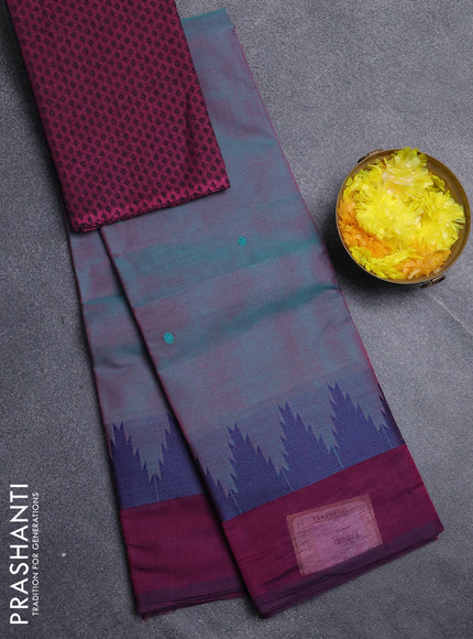 Chettinad cotton saree dual shade of bluish pink and magenta pink with thread woven buttas and temple design simple border