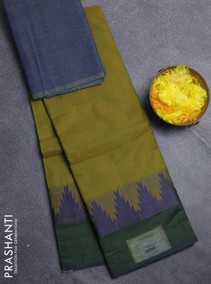 Chettinad cotton saree mehendi green and green with thread woven buttas and temple design simple border