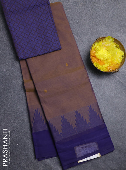 Chettinad cotton saree dual shade of brown and navy blue with thread woven buttas and temple design simple border