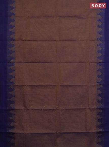 Chettinad cotton saree dual shade of brown and navy blue with thread woven buttas and temple design simple border