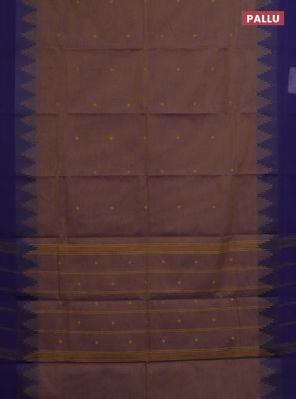 Chettinad cotton saree dual shade of brown and navy blue with thread woven buttas and temple design simple border