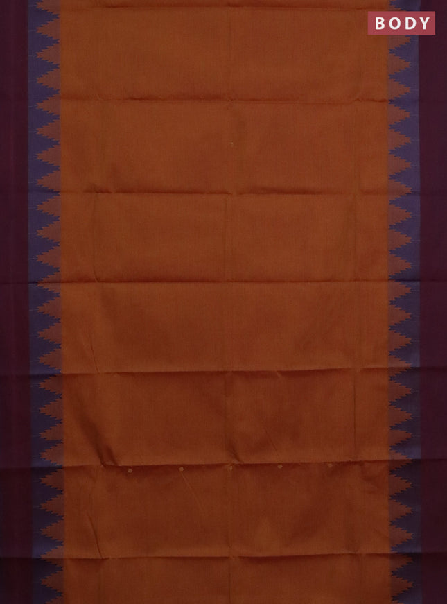 Chettinad cotton saree dark mustard and magenta pink with thread woven buttas and temple design simple border