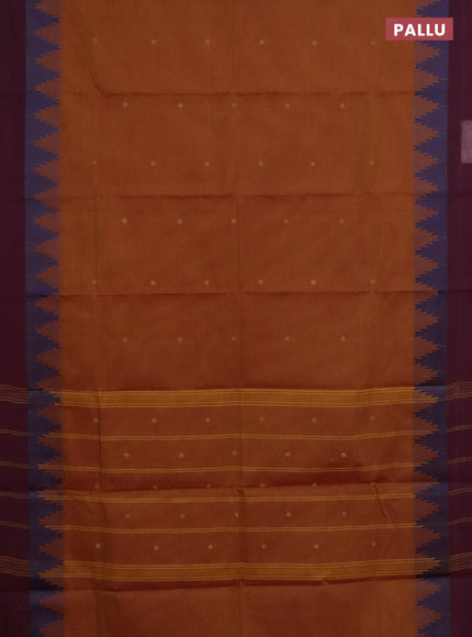 Chettinad cotton saree dark mustard and magenta pink with thread woven buttas and temple design simple border