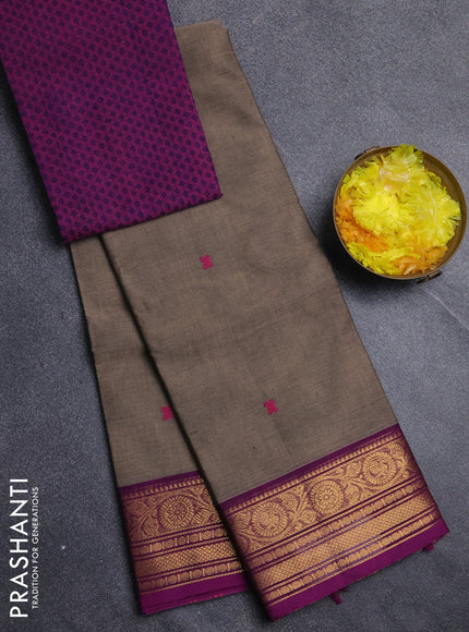 Chettinad cotton saree chikku shade and purple with thread woven buttas and zari woven border