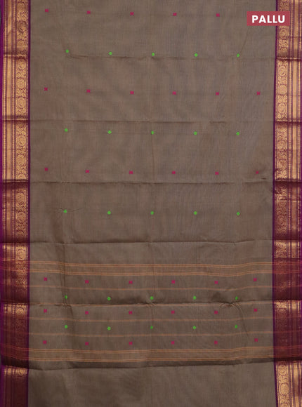 Chettinad cotton saree chikku shade and purple with thread woven buttas and zari woven border