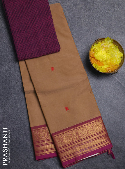 Chettinad cotton saree sandal and purple with thread woven buttas and zari woven border