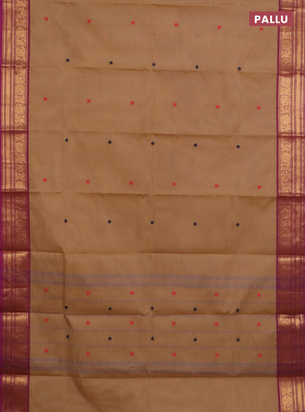 Chettinad cotton saree sandal and purple with thread woven buttas and zari woven border