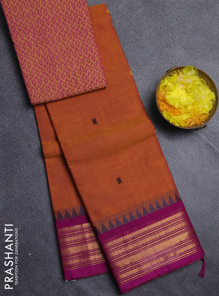 Chettinad cotton saree dark mustard and purple with thread woven buttas and zari woven border