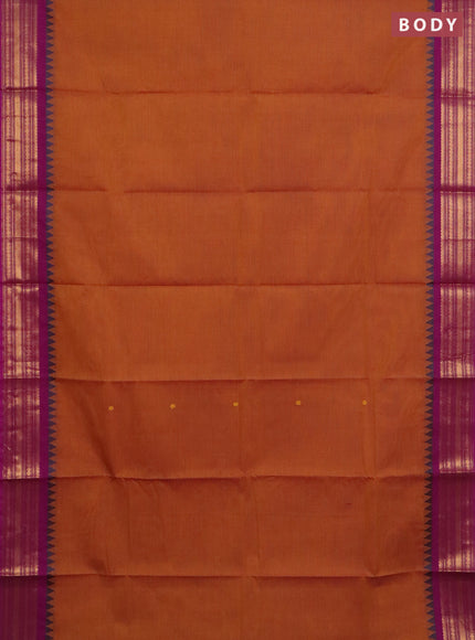 Chettinad cotton saree dark mustard and purple with thread woven buttas and zari woven border