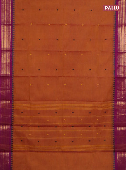 Chettinad cotton saree dark mustard and purple with thread woven buttas and zari woven border