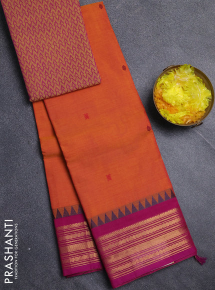 Chettinad cotton saree sunset orange and pink with thread woven buttas and zari woven border