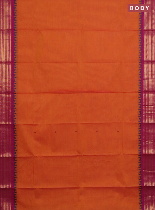 Chettinad cotton saree sunset orange and pink with thread woven buttas and zari woven border