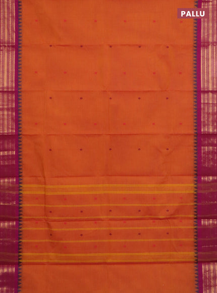 Chettinad cotton saree sunset orange and pink with thread woven buttas and zari woven border