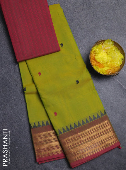 Chettinad cotton saree lime green and pink with thread woven buttas and zari woven border