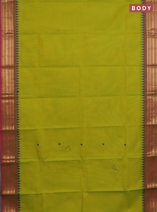 Chettinad cotton saree lime green and pink with thread woven buttas and zari woven border