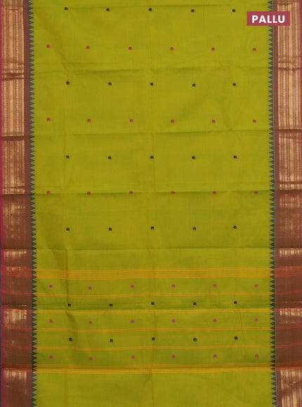 Chettinad cotton saree lime green and pink with thread woven buttas and zari woven border