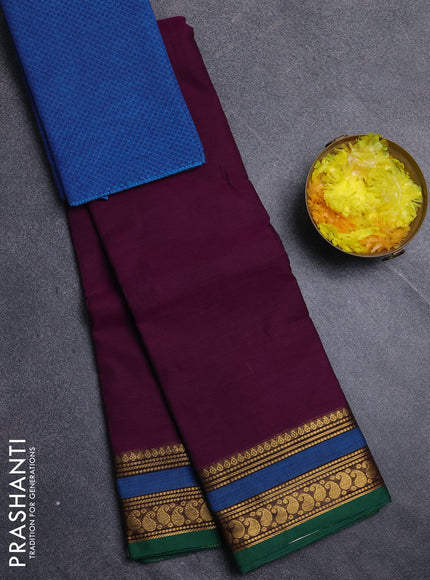 Chettinad cotton saree purple and cs blue with plain body and zari woven border