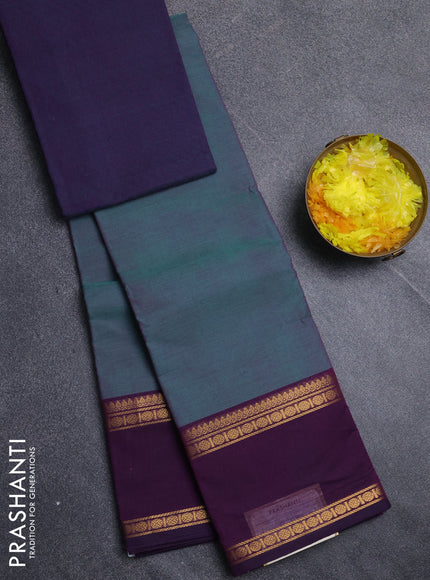 Chettinad cotton saree dual shade of teal green and deep purple with plain body and rettapet zari woven border