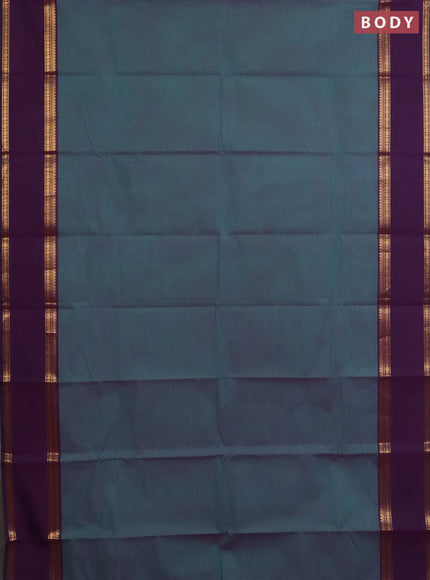 Chettinad cotton saree dual shade of teal green and deep purple with plain body and rettapet zari woven border