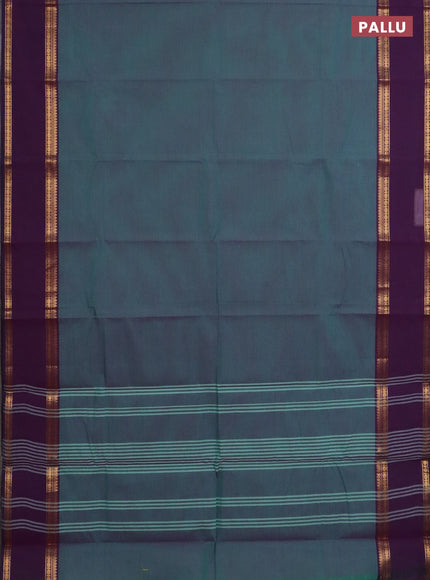 Chettinad cotton saree dual shade of teal green and deep purple with plain body and rettapet zari woven border