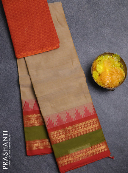 Chettinad cotton saree beige and red with plain body and temple design rettapet zari woven border