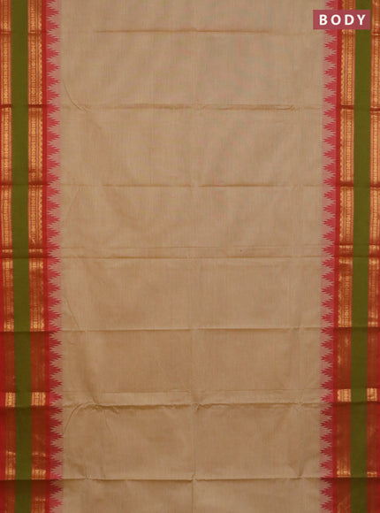 Chettinad cotton saree beige and red with plain body and temple design rettapet zari woven border