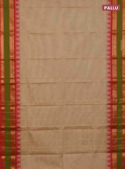 Chettinad cotton saree beige and red with plain body and temple design rettapet zari woven border