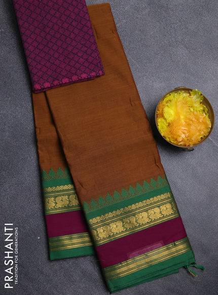 Chettinad cotton saree dark mustard and magenta pink with plain body and long zari woven border