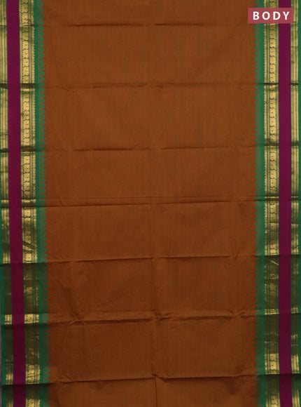 Chettinad cotton saree dark mustard and magenta pink with plain body and long zari woven border
