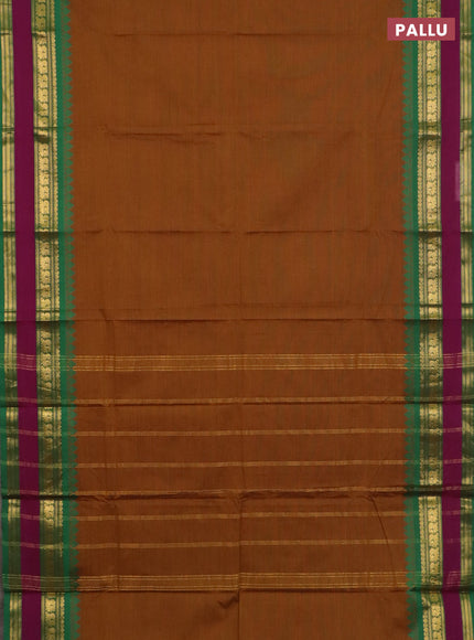 Chettinad cotton saree dark mustard and magenta pink with plain body and long zari woven border